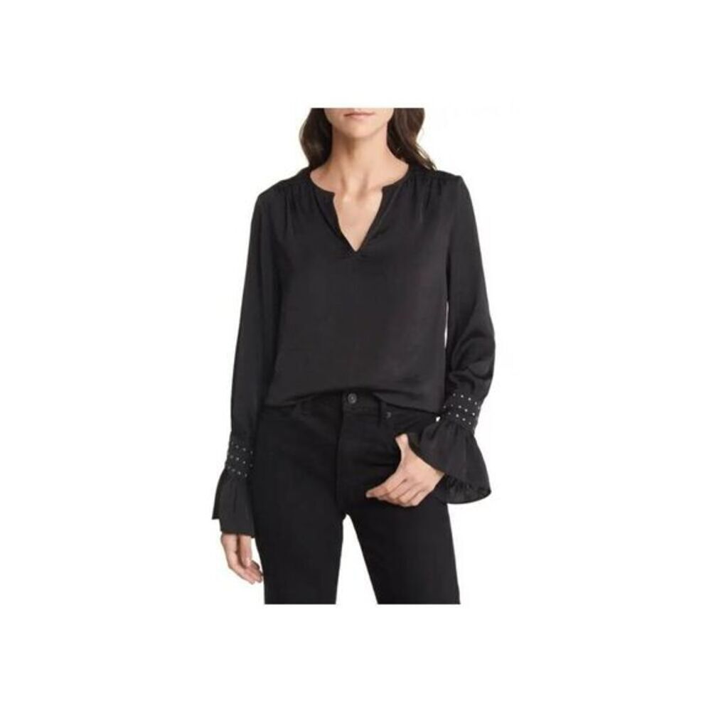 NWOT Vince Camuto Cuff Split Neck Blouse in Rich Black Sz M